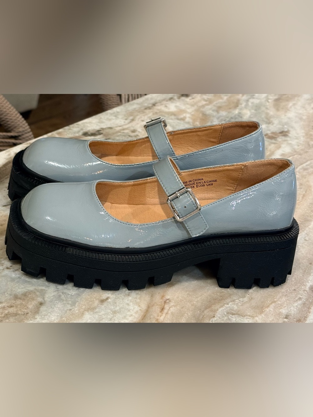 Women’s URBAN OUTFITTERS Clarita baby blue patent chunky Mary Janes- Size 8